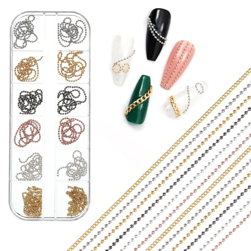Metal Nail Art Chains 3D Gold Silver Gray Charms 12 Strips