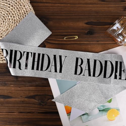 Glitter Birthday Baddie Sash with Safety Pin - Party Accessory