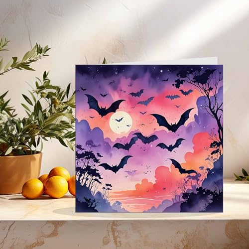 Premium Bat Greeting Card - Eco-Friendly Purple Moon Design