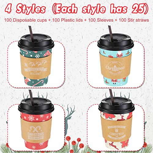 Christmas Paper Cups with Lids, Straws & Sleeves - Bright Style, 12 oz, 100 Sets