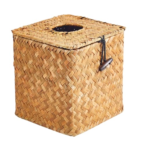 Seagrass Woven Tissue Box Cover - Square Rattan Tissue Holder for Bathroom & Bedroom