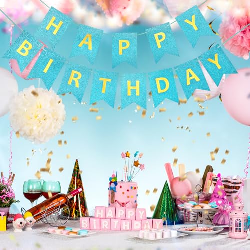 Light Blue Glitter Happy Birthday Banner Silver Sign for Party Decor