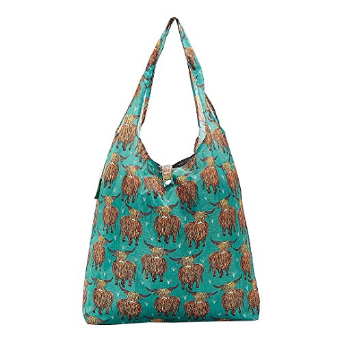 ECO CHIC Foldable Reusable Grocery Bag Highland Cow Teal Lightweight Waterproof Tote