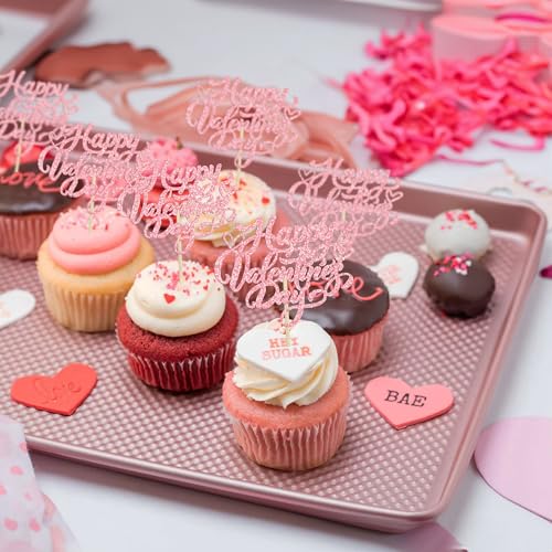 Valentine's Day Glitter Cupcake Toppers 24Pcs Pink Sweet Love Cake Picks