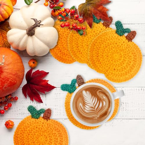 FUTBU Handmade Pumpkin Crochet Coasters - 4 Pack Fall Table Decor