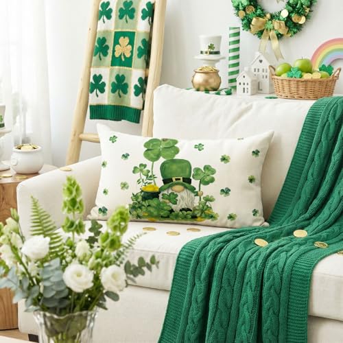 St. Patrick's Day Shamrock Gnome Pillow Cover - 12x20 Inch