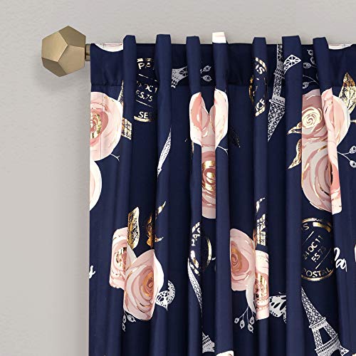 Lush Decor Vintage Paris Rose Butterfly Script Light Filtering Window Curtain Panels Pair 52" W x 84" L Navy - Kids Curtains - Kids Bedroom Decor