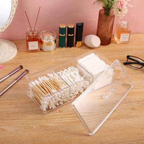 Sohalejr Acrylic Lid Qtip Holder with 3 Compartments - Transparent Bathroom Organizer