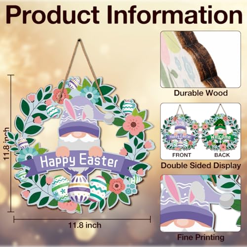 Easter Gnome Door Hanging Sign - Double-Sided Spring Porch Decor 12"