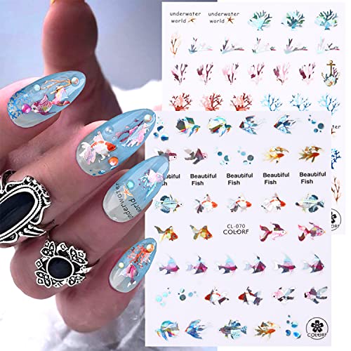 3D Sea Animals Nail Art Stickers - Holographic Ocean Shell & Fish Decals (8 Sheets)