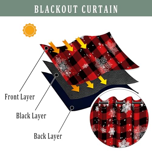 Blackout Curtains for Bedroom 2 Panels Set - Red and Black Buffalo Snowflakes, 26x63 Inch