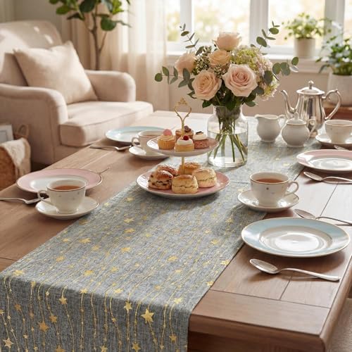 Artoid Mode Gold Stars Gray Burlap Table Runner 12x60 Inch