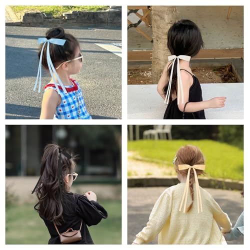 Pink Satin Hair Bows for Women - Large Long Tail Bow Barrettes (4 Pack)