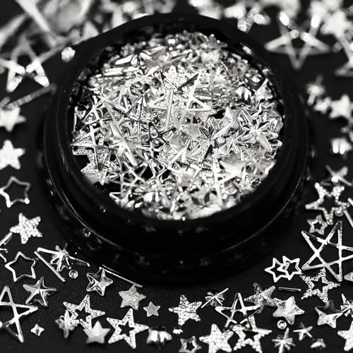 Silver Star Nail Charms 3D Metal Studs Mix Size DIY Manicure Art Decor