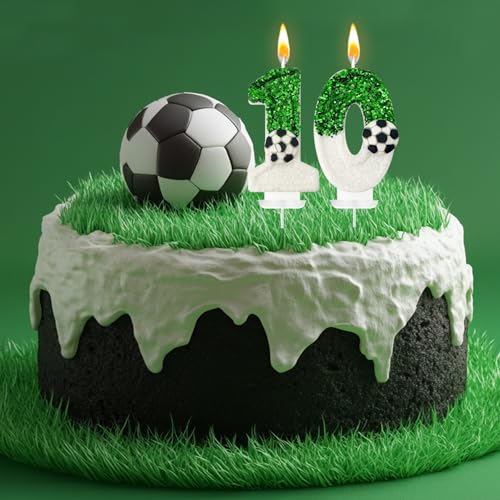 Soccer Ball Number 10 Birthday Candle - Green & White Cake Decoration