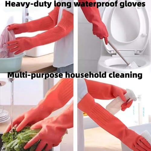 21.7 Inch Reusable Red Latex Cleaning Gloves - Heavy-Duty, Anti-Slip