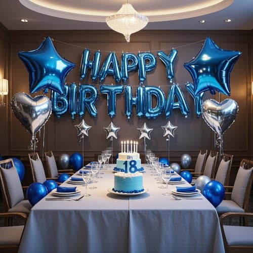 WEIKA Blue Silver Birthday Decorations Kit with 3D Letter Balloons & Foil Balloons