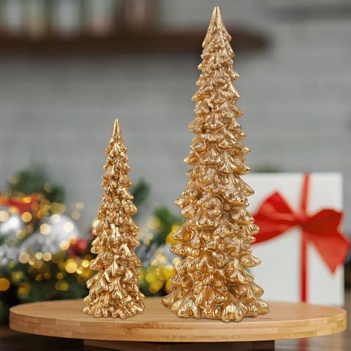 Golden Resin Christmas Tree Tabletop Decorations Set of 2 - 9.5 Inches
