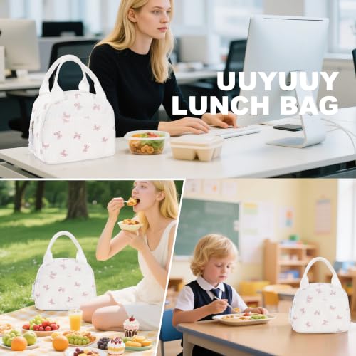 UUYUUY Insulated Lunch Bag, Corduroy Bow Tote for Work and Picnic, M