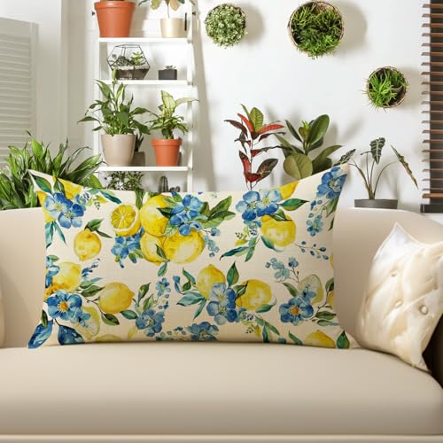 Lemon Floral Throw Pillow Cover 12 x 20 - Cotton Linen