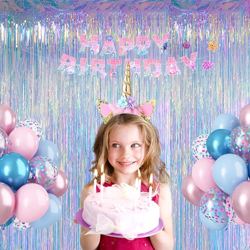 Melsan Iridescent Tinsel Backdrop Curtain - 2 Pack, 3.2ft x 8ft Foil Decor