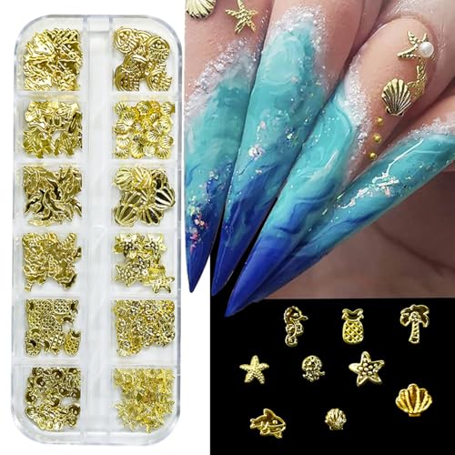 LYLYNB 3D Gold Nail Art Charms - Summer Beach Gems & Jewels