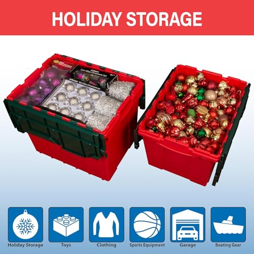 Stackable Plastic Storage Totes with Hinged Lids - 12 Gallon, Red/Green, 1-Pack