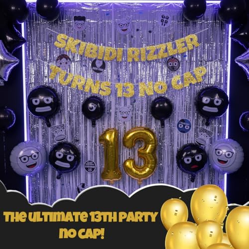Skibidi Rizzler Turns 13 No Cap Banner - Glitter Birthday Decor