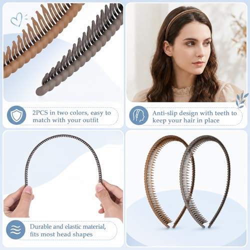 JJUNW Plastic Comb Headband with Teeth - 2 Pcs Non-Slip Hair Bands