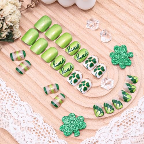 St. Patrick's Day Short Square Press On Nails with Rhinestones & Shamrocks