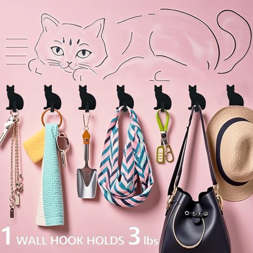 DueHoppee 8-Pack Adhesive Cat Wall Hooks, Black Stainless Steel Decor