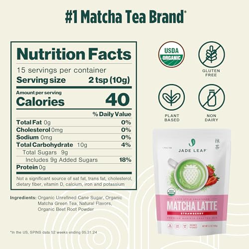 Jade Leaf Matcha Organic Strawberry Matcha Latte Mix - Lightly Sweet Japanese Matcha Green Tea Powder with Organic Cane Sugar for Café Style Blend, 5.3 Ounce / 150g (Pack of 1)