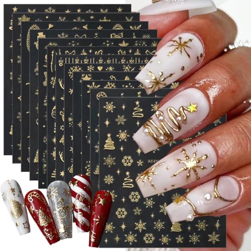 12 Sheets Christmas Gold Nail Art Stickers 3D Self-Adhesive Decals