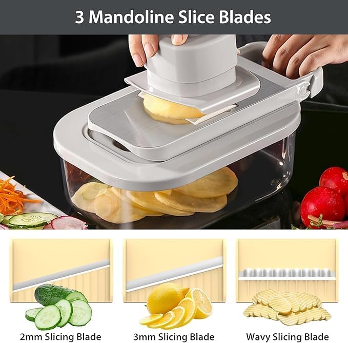 Skiennix 11-in-1 Mandoline Vegetable Chopper - Multifunctional Food Dicer with Container for Salad & Fruit (Beige)