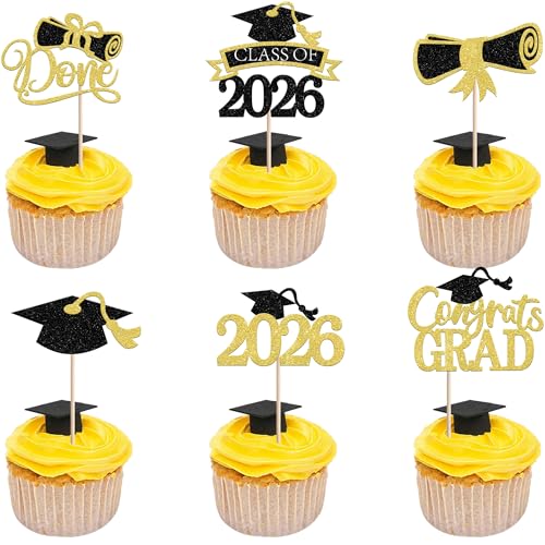 24 Pack Graduation Cupcake Toppers - Gold Glitter Class of 2026