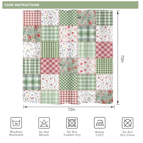 Riyidecor Patchwork Pink and Green Shower Curtain 72"x72" - Floral Design