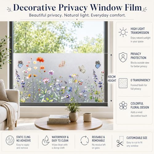 TAMHOO Butterfly Floral Frosted Window Privacy Film 78x17 Inches Removable Static Cling