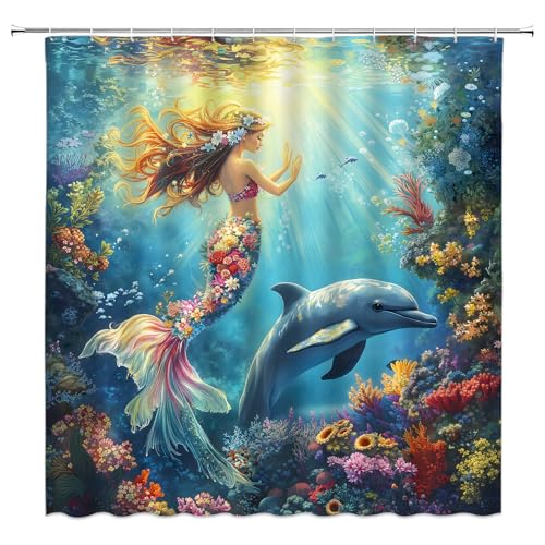 Ocean Mermaid Shower Curtain - 70" x 70" Floral Underwater Decor