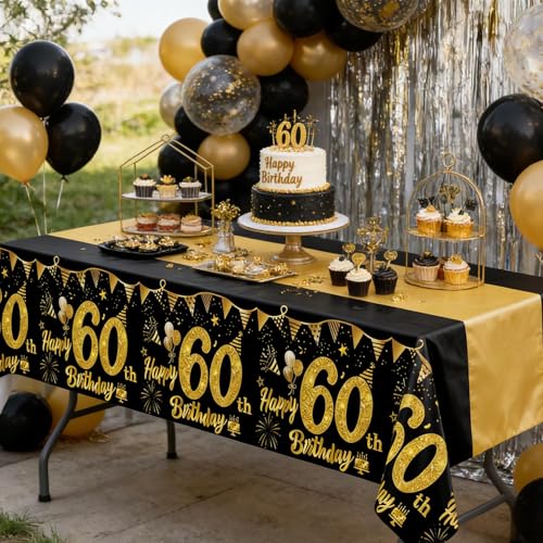 60th Birthday Tablecloth 2-Pack, Black and Gold Disposable Party Table Cover