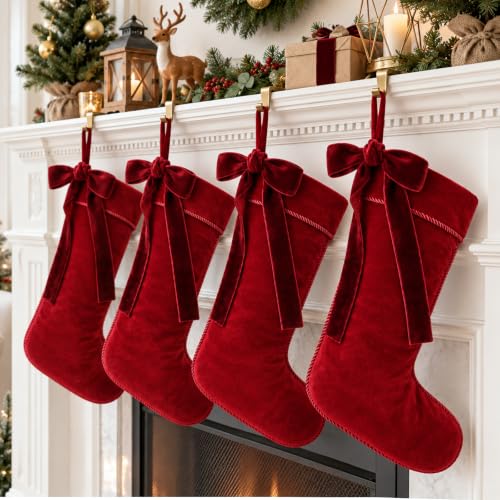 Christmas Velvet Stockings Set - 18 Inch Burgundy Red Holiday Decorations