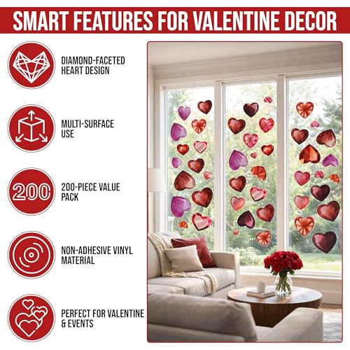 Valentine's Day Diamond Heart Window Clings - 200 Pack