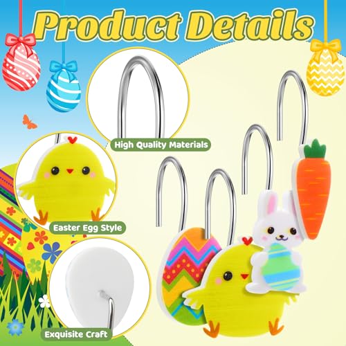 Yungyan 12 Pcs Easter Shower Curtain Hooks - Bunny, Chick & Egg Designs