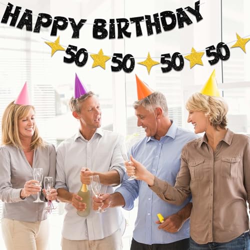 Happy 50th Birthday Banner, Black and Gold Pre-Strung Party Decoration