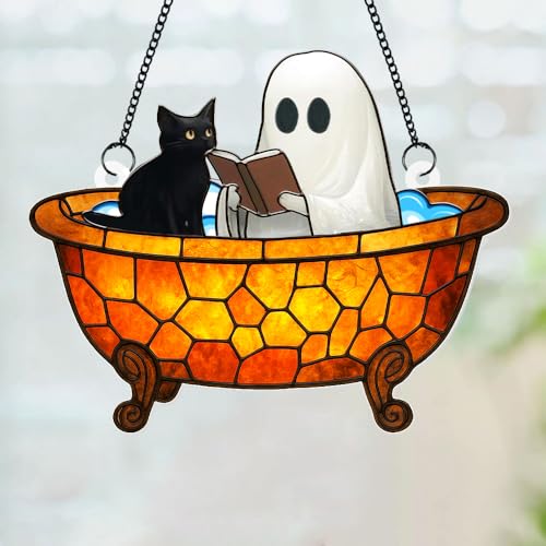 Halloween Ghost Cat Sun Catcher - Stained Glass Window Decor for Halloween & Gothic Home Accent