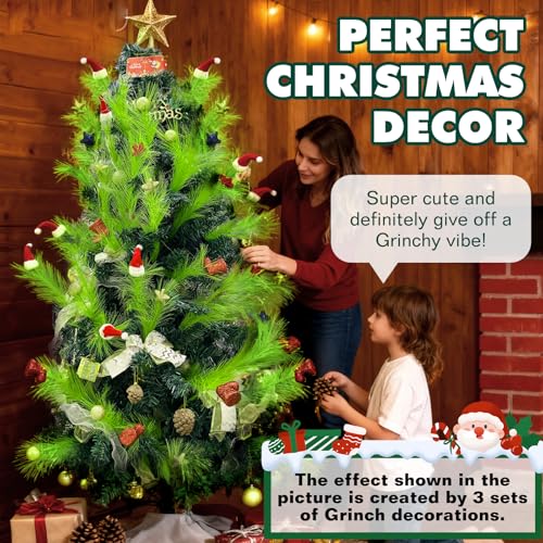Santa-Mix Christmas Tree Topper Decorations - 10 Pcs Lime Green Pampas with Santa Hats