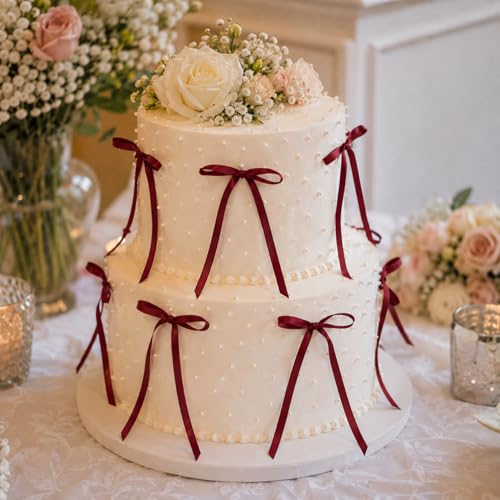 30 Pack Burgundy Satin Bow Cake Toppers - Pre-Tied for Easy Decoration