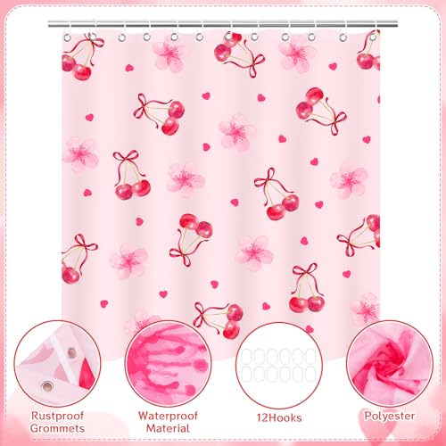 Cherry Shower Curtain for Girls - Floral Heart Design, 71x71 Inches