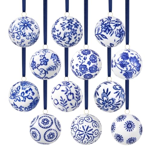 12 Pcs Blue & White Ceramic Chinoiserie Christmas Ornament Balls - 1.57 Inch