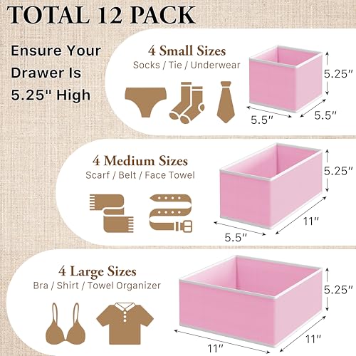 Simple Houseware Foldable Drawer Organizer Stocking Bin Set of 12 Pink - 4L/4M/4S