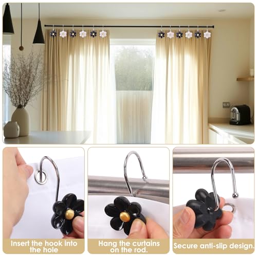 Elegant Floral Shower Curtain Hooks - 12 Rust-Proof Metal Rings